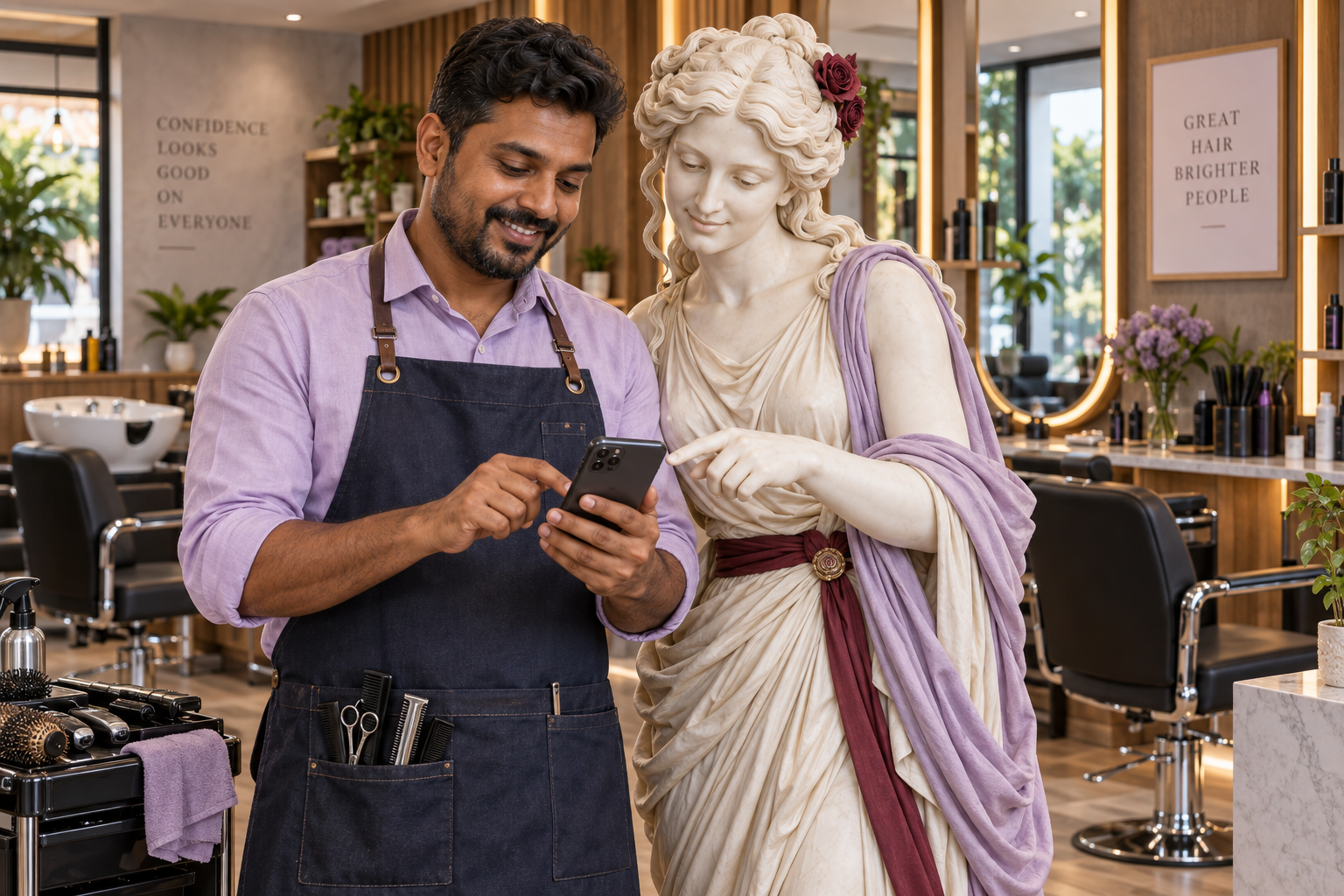 Aphrodite guiding a male salon owner as he manages his salon on a smartphone