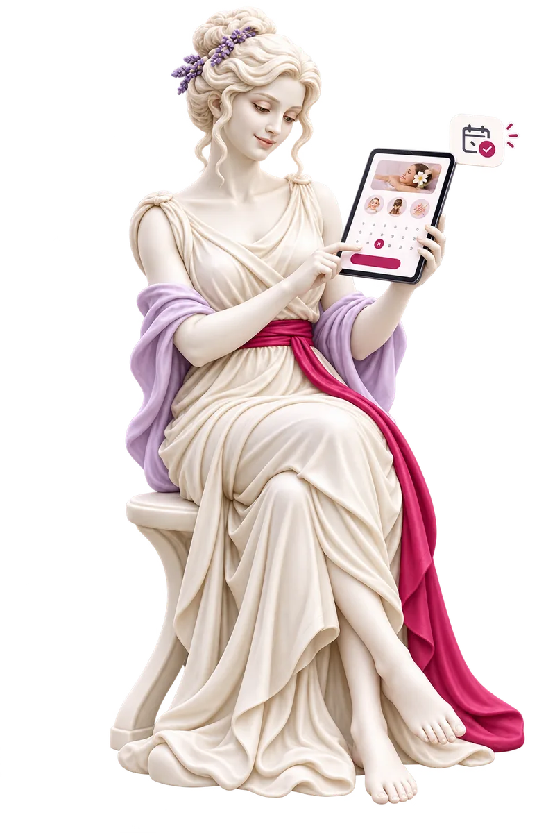 Aphrodite booking a salon appointment on a tablet